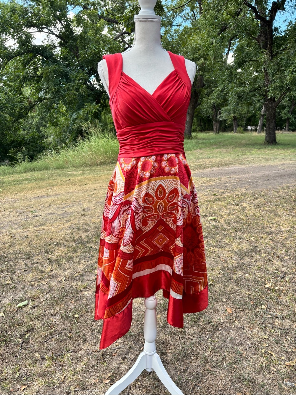 Sangria Size 10 Red Orange Ruched Padded Bodice Handkerchief Hem Dress